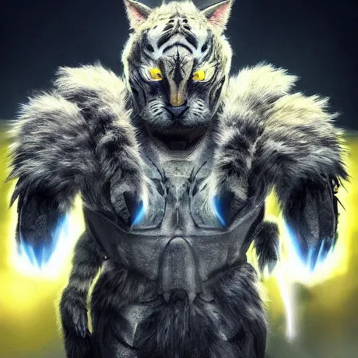 Prompt: a humanoid with cat-like features, yellow eyes, teeth that protrude past the lower lip (sort of like a saber-tooth tiger) and fine grayish fur on their faces and backs of their hands wearing futuristic alien armor and carrying weapons, octane,