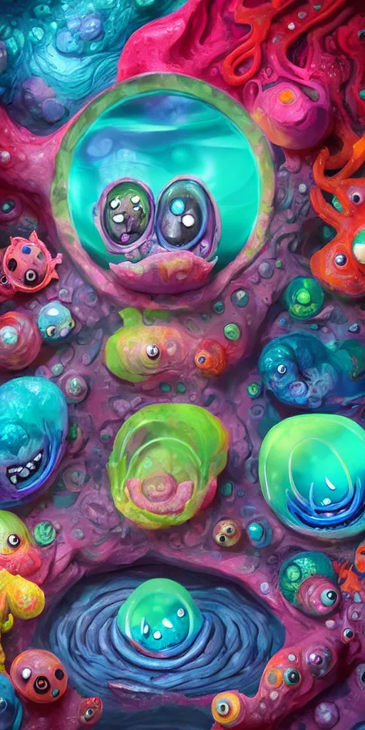 Prompt: of a colorful deep sea crater with strange cute jello happy creatures with huge eyes, mouth, long tongue and round teeth appearing from smokey background, in the style of gehry and gaudi, macro lens, shallow depth of field, ultra detailed, digital painting, trending artstation, concept art, illustration, cinematic lighting, photorealism, epic, octane render