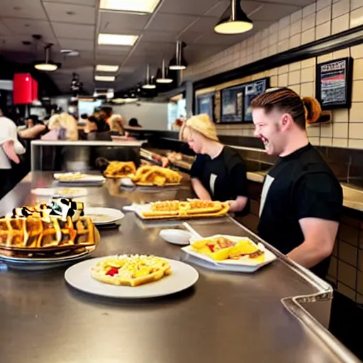 Image similar to busy wafflehouse interior with customers eating breakfast and wafflehouse employees serving food and cooking behind countertop