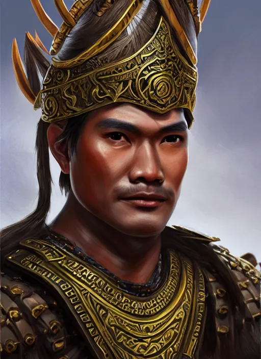 Prompt: smart tai warlord of yodia, closeup portrait, without beard and mustache, historical hero, ethnic group, tai costume, thai traditional bronze headdress, intricate, with leather armor cross on bare chest, elegant, loin cloth, highly detailed, oil painting, artstation, concept art, matte, sharp focus, illustration, hearthstone, art by earl norem