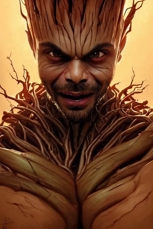 Image similar to Virat Kohli as Groot, Groot costume, Virat Kohli Face, cute, portrait, masculine figure, highly detailed, digital painting, artstation, concept art, smooth, sharp focus, illustration, cinematic lighting, art by artgerm and greg rutkowski and alphonse mucha