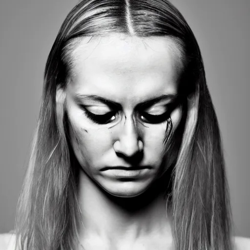 Image similar to minimalist photography portrait of a germanic pagan woman, sad, crying, tear, early middle ages, heathen warrior, symmetrical, super close up, mid thirties, cute round slanted eyes, caucasian, wide nostrils, high cheekbones, full cheeks, high flat eyebrows, ethereal essence, leica 1 0 0 mm f 0. 8