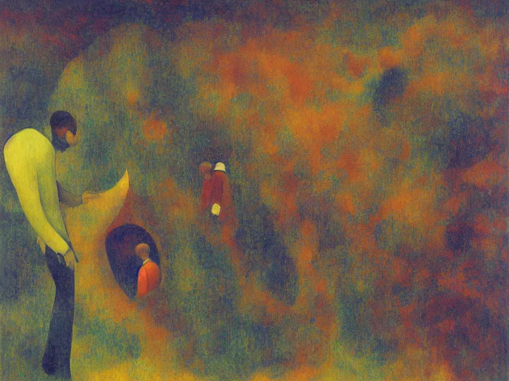 Prompt: man in white beekeeper suit touching the coral reef. painting by mikalojus konstantinas ciurlionis, bosch, max ernst, agnes pelton, rene magritte