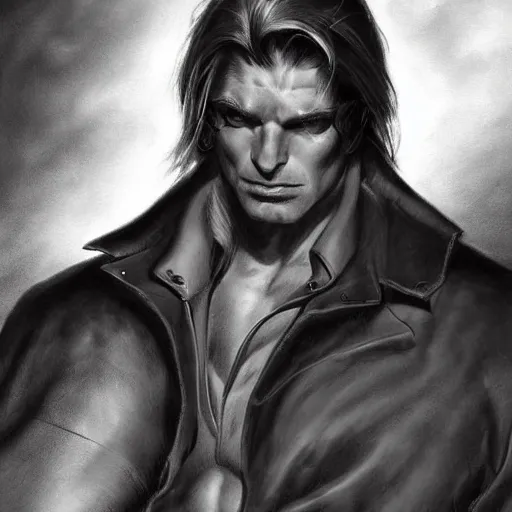 Image similar to portrait of a muscular, grim, ponytail haired blonde man in his late 30's, wearing a thick brown leather coat, looking to his side, hunter, DnD character, fantasy character, dramatic lighting, high detail, black and white digital art by Boris Vallejo