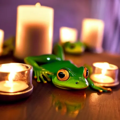 Prompt: intricate romantic candle light dinner of two frogs