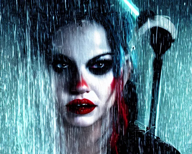 Image similar to closeup headshot of seductive harley quinn in the rain, bladerunner, backlit, night club, futurepunk, gta v, pinup, nagel, arney freytag, dark moody, cinematic, greg rutkowski, octane!