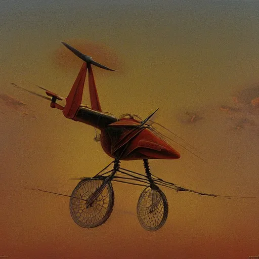 Prompt: a gyrocopter by Zdzisław Beksiński, oil on canvas