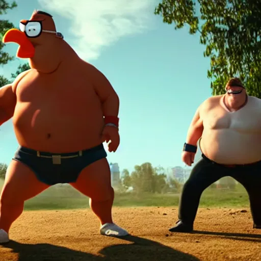 Image similar to real life Peter Griffin in a fist fight with giant chicken man, photorealistic, cinematic lighting, action movie, still frame from an action movie, highly detailed