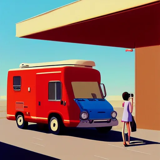 Image similar to goro fujita ilustration loaded with suitcases a motorhome at a gas station, painting by goro fujita, sharp focus, highly detailed, artstation