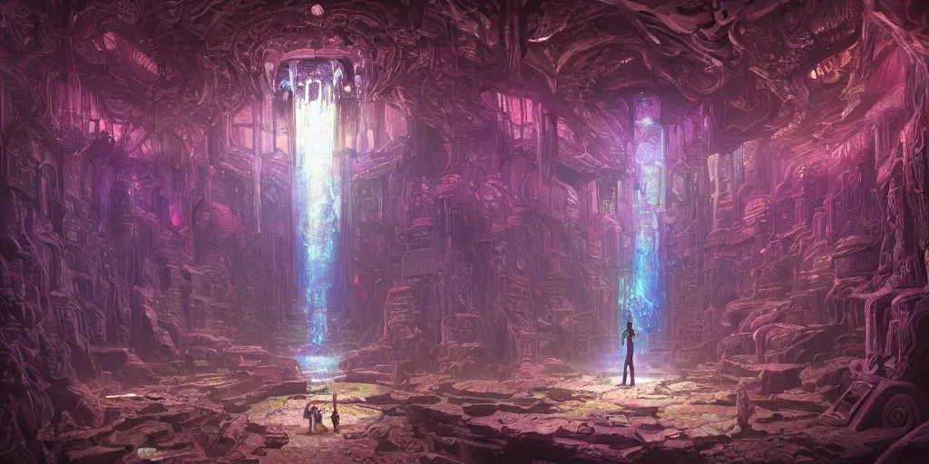 Prompt: a beautiful matte painting of the inside of a galactic cyberpunk crystal temple in dmt fractal trippy psychedelic hyperspace , highly detailed creepily dimly lit exterior with shafts of iridescent light bouncing off crystal columns, by Christophe Vacher and Bastien Lecouffe-Deharme and Alex Grey, trending on artstation,narrative realism, deep color scheme,wide angle,highly detailed,v-ray render,photorealistic,4k hd wallpaper