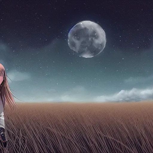 Prompt: A lone girl standing in the middle of a dark night, with stars and a bright moon in the sky, surrounded by a field of tall grass, digital painting, nocturnal, moody, ethereal, artstation, 4k, by Takeshi Obata and Shinobu Ohtaka