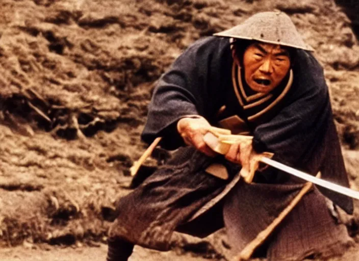 Image similar to a movie still of a samurai aggressively slicing a loaf of bread, a movie by Akira Kurosawa