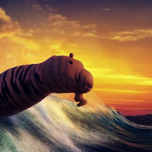 Image similar to a closeup photorealistic photograph of a knitted cute tiger hippopotamus riding an epic wave during sunset. extreme texture. surf in the background. professional capture. brightly lit scene. this 4 k hd image is trending on artstation, featured on behance, well - rendered, extra crisp, features intricate detail, epic composition and the style of unreal engine.