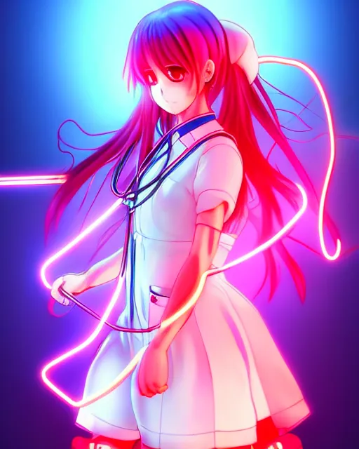 Image similar to anime style, vivid, expressive, full body, 4 k, painting, a cute magical girl with a long wavy hair wearing a nurse outfit, stunning, realistic light and shadow effects, neon lights, centered, simple background, studio ghibly makoto shinkai yuji yamaguchi