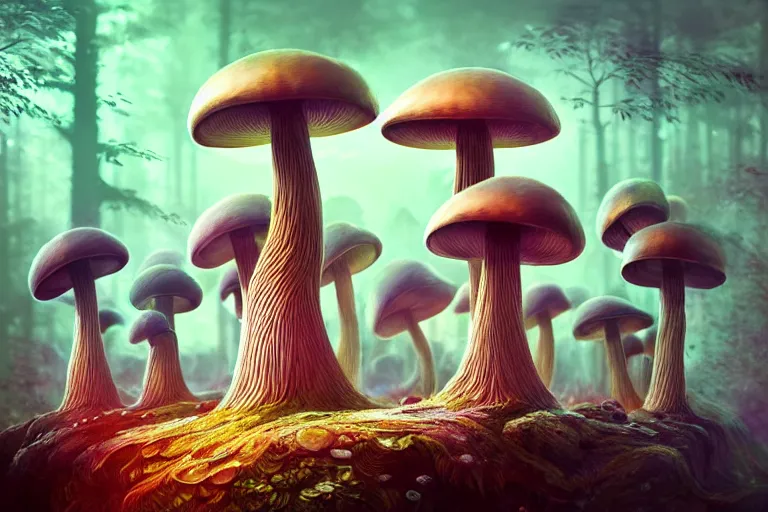 Prompt: a group of anthropomorphic mushroom circus performers portrait, Art Deco nature, fantasy, intricate art deco mushroom designs, elegant, highly detailed fractals, sharp focus, art by Artgerm and beeple and Greg Rutkowski and WLOP