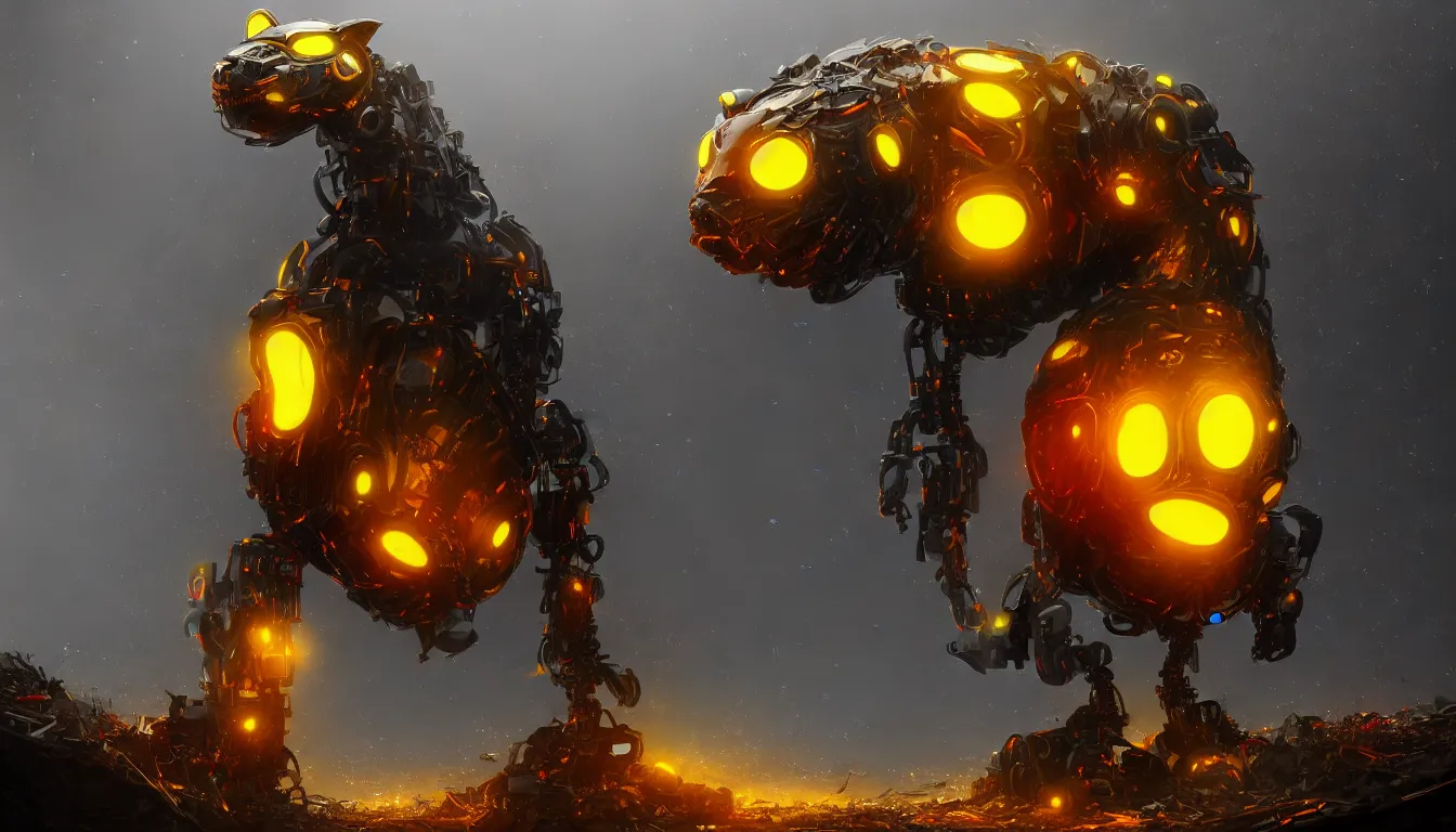 Image similar to ai limbo, gigantic robotic cat with red eyes walks in a trash heap in yellow mist, digital art, trending on artstation, 8k, highly detailed,