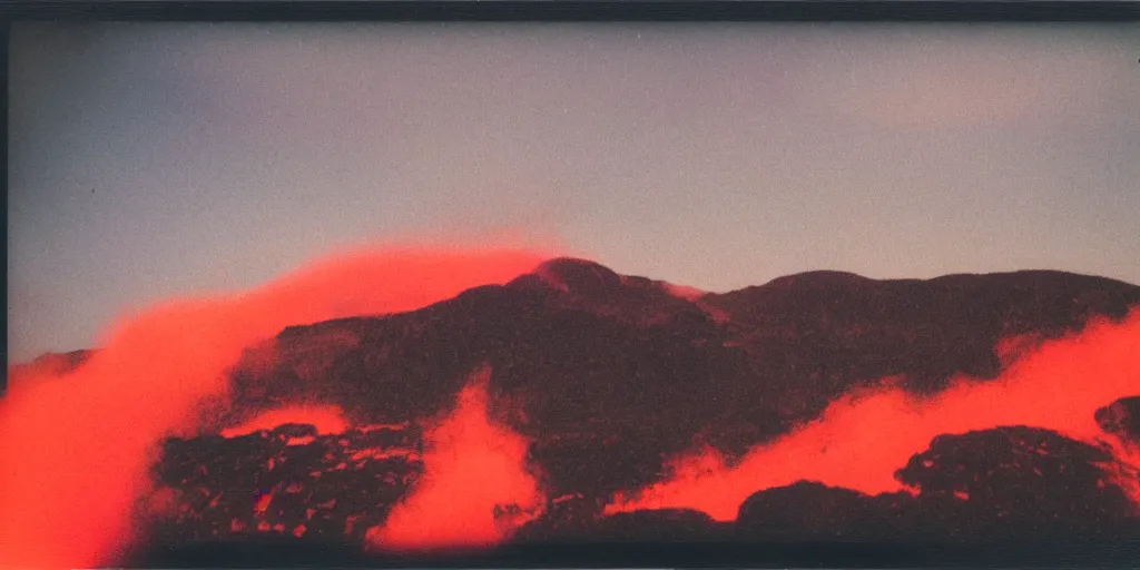 Image similar to polaroid photo of a vulcanic eruption, bright red lava, mountains in the background, clouds in the sky, a lot of smoke