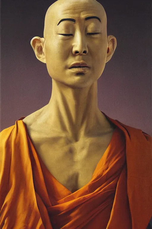 Image similar to realistic baroque oil portrait of a robot as a buddhist monk