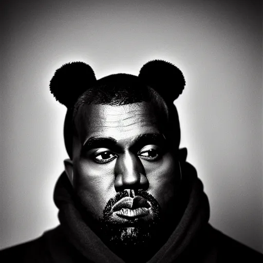 Image similar to a ( ( chiaroscuro lighting portrait ) ) of kanye west ( ( ( ( ( dressed as teddy bear mascot ) ) ) ) ), black background, portrait by julia margaret cameron, shallow depth of field, 8 0 mm, f 1. 8