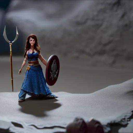 Prompt: a cinematic film still of a claymation stop motion film starring lucy lawless as xena warrior princess, shallow depth of field, 8 0 mm, f 1. 8