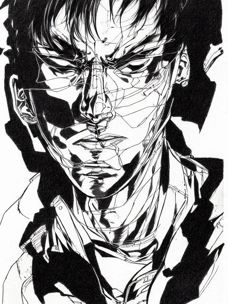 Image similar to prompt: Fragile looking portrait, portrait face drawn by Katsuhiro Otomo, accurate full body character drawing, inspired by Evangeleon and Akira 1988, cyborg and wire details, clean ink detailed line drawing, intricate detail, manga 1990, golden ration composition