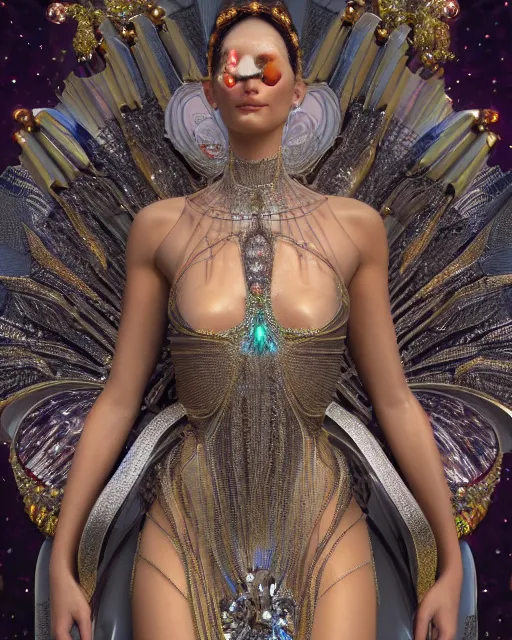 Prompt: a highly detailed metahuman 4 k close up render of an alien goddess bella hadid as jesus christ in iris van herpen dress schiaparelli in diamonds crystals swarovski and jewelry iridescent in style of alphonse mucha gustav klimt trending on artstation made in unreal engine 4