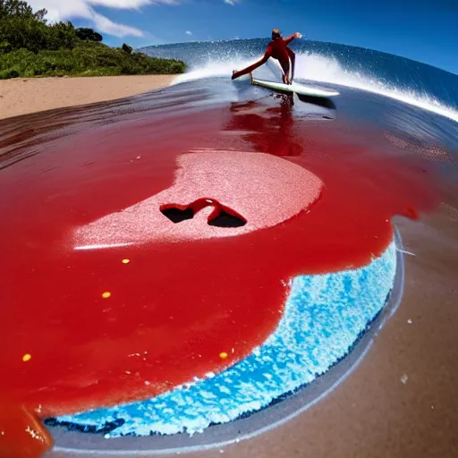 Image similar to a surfer surfing on a large wave of ketchup, through a sea made of ketchup, on a sunny day, 8 k, wide angle photography