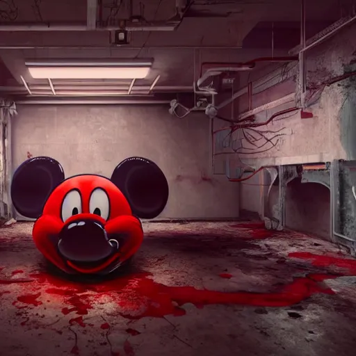 Image similar to a giant mickey mouse head, factory floor, dissected by a group of network executives, octane render, cgstation, 3 d render, very detailed, mindblowing, blood and guts, gritty, cyberpunk, red and cinematic lighting, hyper realism