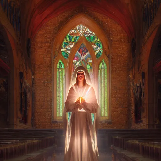 Image similar to a Portrait of A goddess in a church with a holy light emanating from her body by wlop and greg rutkowsk,In style of digital art illustration.hyper detailed,smooth, sharp focus,trending on artstation,4k