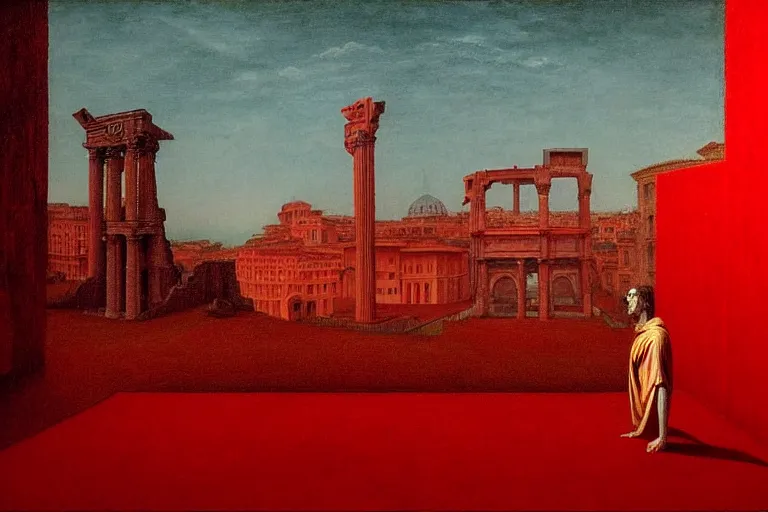 Image similar to only with red, caesar after win war, the deal, a red tiger, in hoc signo vinces, rome in background, an ancient path, in the style of beksinski, part by hopper, part by rodcenko, part by hofbauer, intricate composition, red by caravaggio, insanely quality, highly detailed, masterpiece, red light, artstation