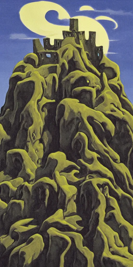 Prompt: a sinister expressive gouache painting of a incan castle by roger dean in the style of art - nouveau art, 8 k