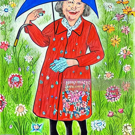 Prompt: an old lady is very excited about an umbrella in her back yard, in the style of Louis wain