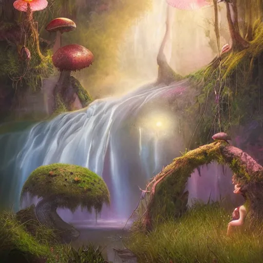 Image similar to tom bagshaw, fairies, soft painting render curiosities carnival pond river vegetation rocks bugs wildlife mushrooms covered moss bioluminescent wisps, beautiful stunning waterfall, accurate features, focus, very intricate ultrafine details, random volumetric lighting, fog, award winning masterpiece, octane render 8 k hd, artstation