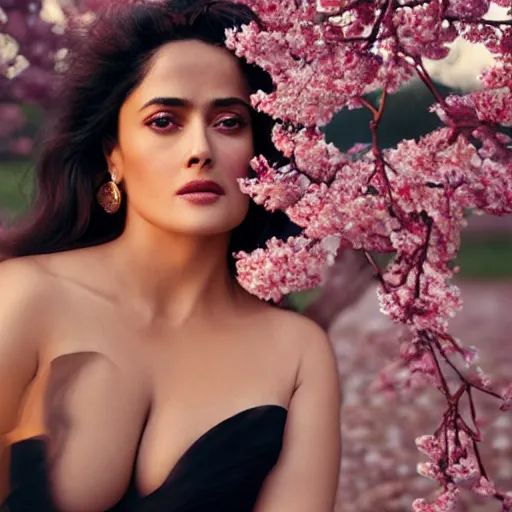 Image similar to salma hayek portrait picture by stefan kostic, golden hour, perfect symmetry, realistic, body shot, sharp focus, 8 k high definition, insanely detailed, intricate, elegant, cherry blossoms