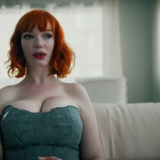 Image similar to amazing beautiful Christina Hendricks with mouth wide open in the living room, film still from the movie directed by Denis Villeneuve , wide lens