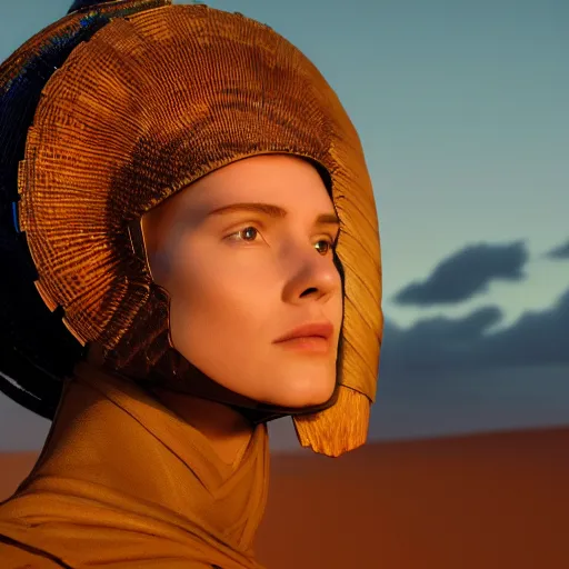 Prompt: beautiful Fine art photo of a young woman wearing a futuristic mayan helmet, photorealistic, high quality, sunset lighting, in the movie Dune, 8k