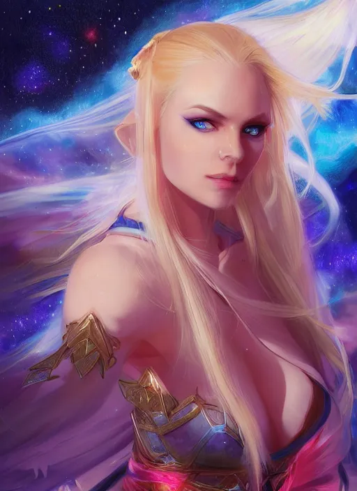 Image similar to blonde female high elf with blue glowing eyes in a multicolored robe, floatiung in front of a nebula, D&D, fantasy, intricate, cinematic lighting, highly detailed, digital painting, Artstation, concept art, smooth, sharp focus, art by Artgerm and Greg Rutkowski, SFW Version