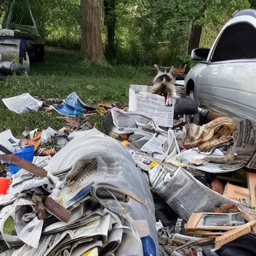 Prompt: a family of raccoon digging through a gigantic mound of trash and newspapers and junk