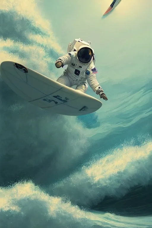 Image similar to a beautiful digital painting of an astronaut in a white space suit surfing the great wave on a surfboard by greg rutkowski, photorealistic, trending on artstation, highly detailed, intricate, unreal engine, octane render