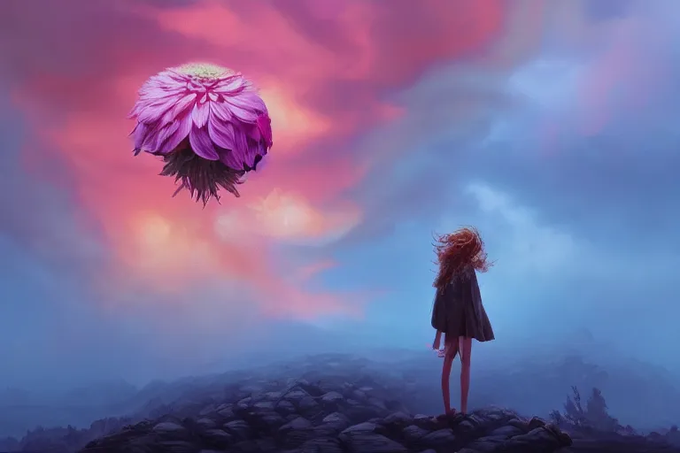 Image similar to closeup giant dahlia flower as head, girl standing on mountain, surreal photography, blue storm clouds, dramatic light, impressionist painting, digital painting, artstation, simon stalenhag