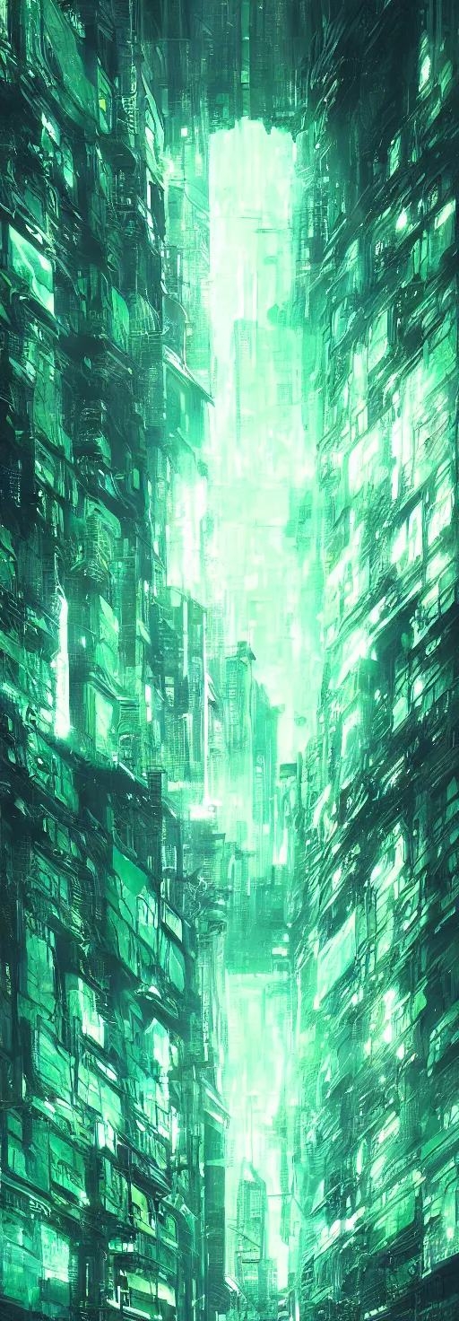 Image similar to reflective waves, cyberpunk texture, green coloring, by studio ghibli and greg rutkowski