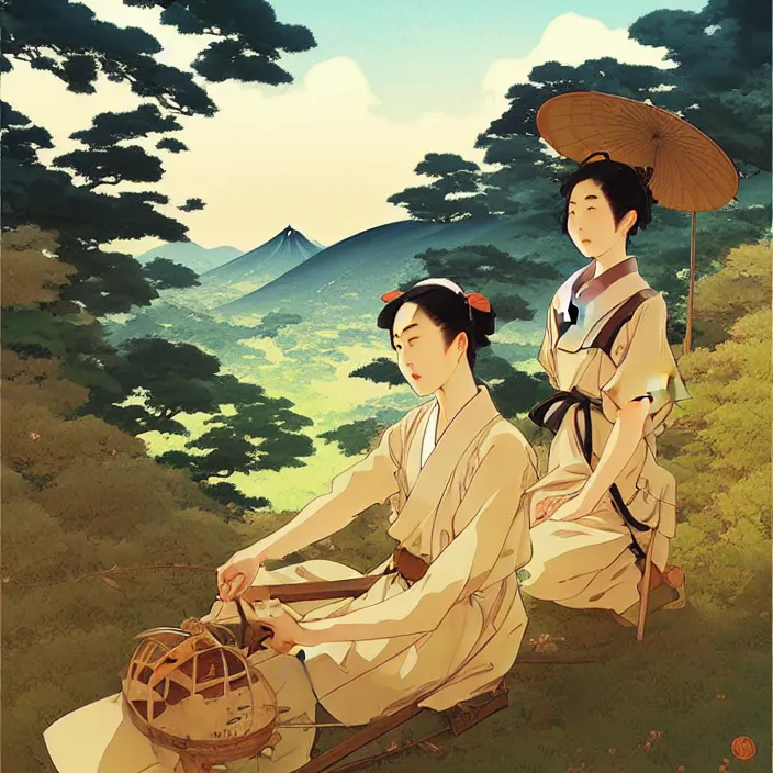 Image similar to japanese countryside, in the style of studio ghibli, j. c. leyendecker, greg rutkowski, artem