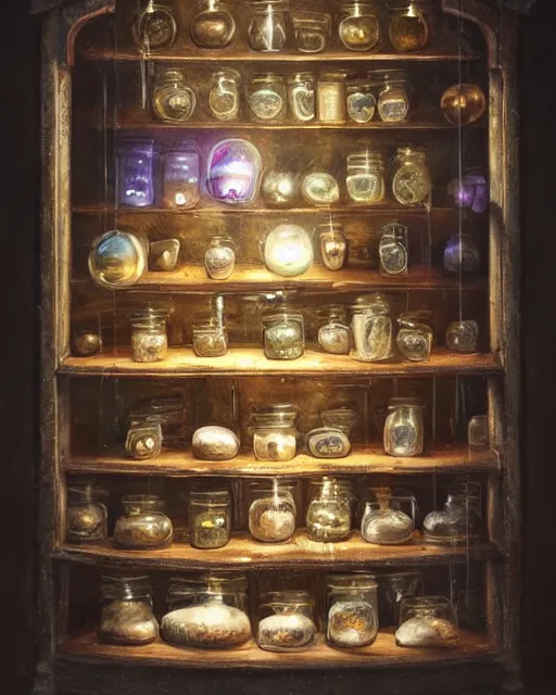 Image similar to a large wood display cabinet filled with lots of different items in magical glowing jars in different colors, a still life by seb mckinnon, artstation, neoplasticism, lovecraftian, artstation hq, award winning photography 4 k 8 k 1 6 k