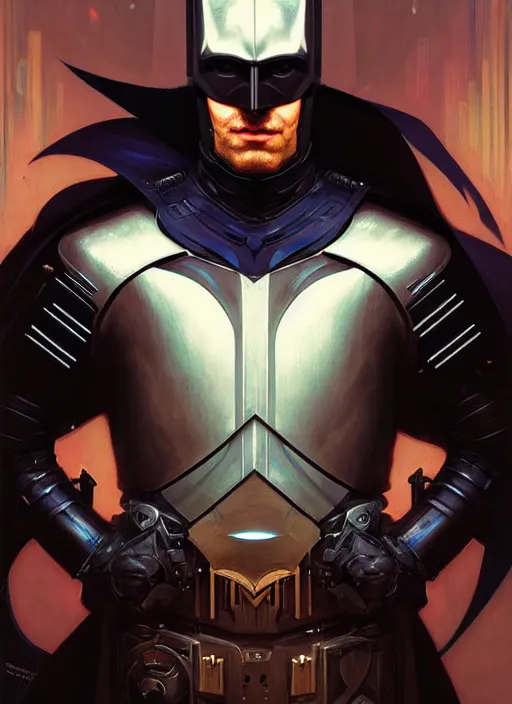 Prompt: portrait of a handsome cyberpunk knight batman, beautiful symmetrical face, fantasy, regal, by stanley artgerm lau, greg rutkowski, thomas kindkade, alphonse mucha, loish, norman rockwell.