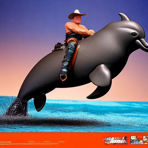 Image similar to john wayne riding a dolphin. action figure by hot toys. studio lighting.