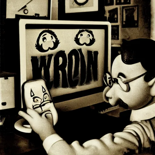 Image similar to a black and white photograph of a mischievous computer screen, by gary baseman, by robert crumb, by jim henson, high contrast, soft lighting, surreal, film photography