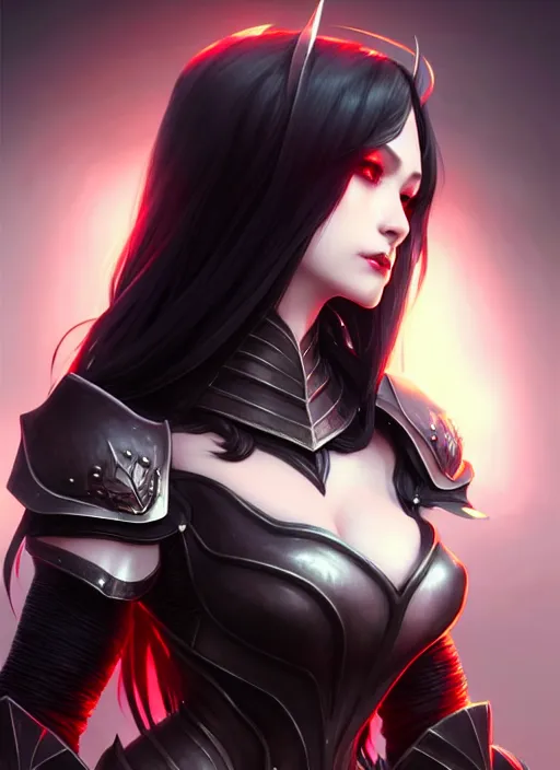 Image similar to full plate armor!!! beautiful and elegant dark hair female vampire!! gorgeous ayes!! character concept art, sharp focus, octane render! unreal engine 5! highly rendered!! trending on artstation!! detailed linework!! illustration by artgerm, wlop, and chie yoshii