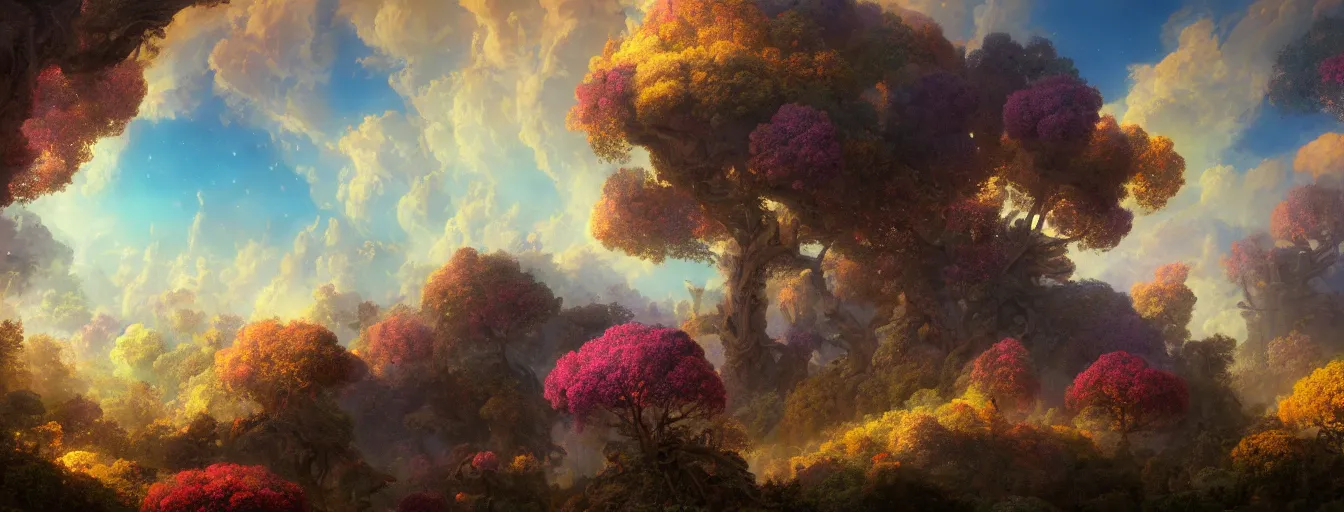 Image similar to a beautiful landscape painting of steampunk landscape, a junk nebula in the sky, galaxies visible, giant trees and colourful flowers, by jean - honore fragonard and don bluth and makoto shinkai, light rays, trending on artstation, octane render