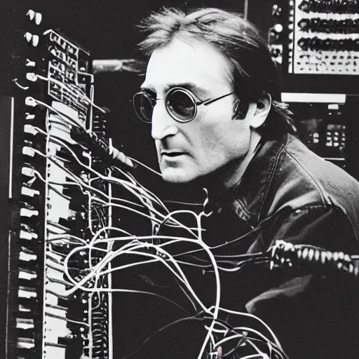 Image similar to photograph of john lennon playing modular synth with lots of wires, portrait, ultra realism, 8 k