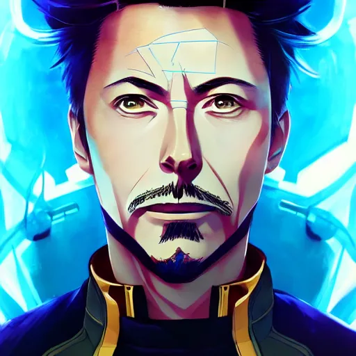 Image similar to anime portrait of elon musk as tony stark as an anime antagonist by Stanley Artgerm Lau, WLOP, Rossdraws, James Jean, Andrei Riabovitchev, Marc Simonetti, and Sakimichan, trending on artstation